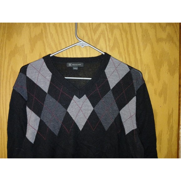 INC Argyle Sweater Mens Size Medium V-Neck Black & Gray 40×27 Merino Wool Blend - Picture 10 of 11